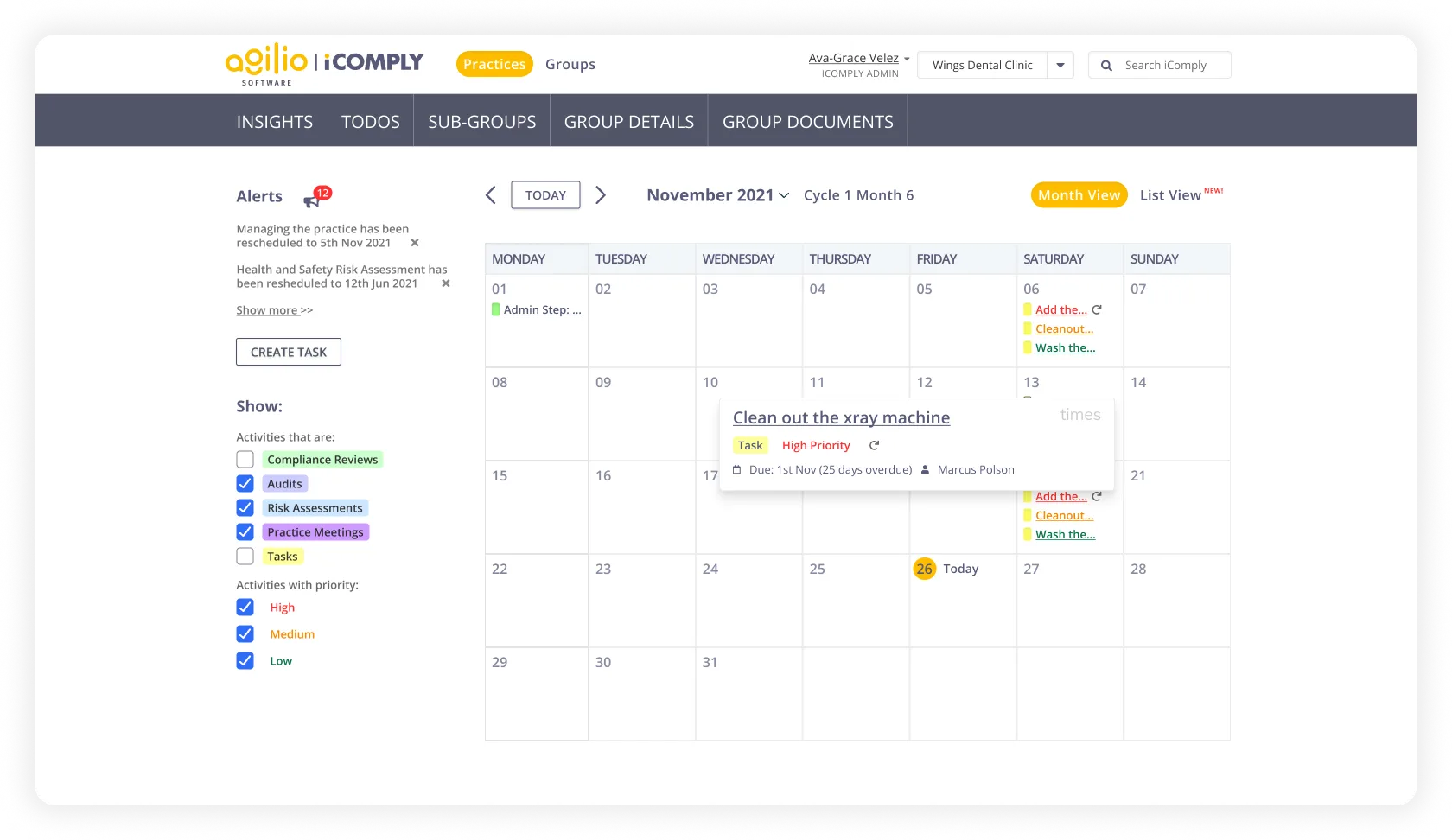 Agilio iComply compliance task calendar for a dental practice