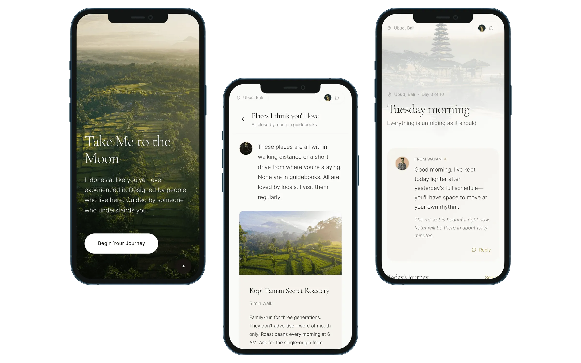 Take Me to the Moon mobile screens showing a Bali itinerary and local recommendations