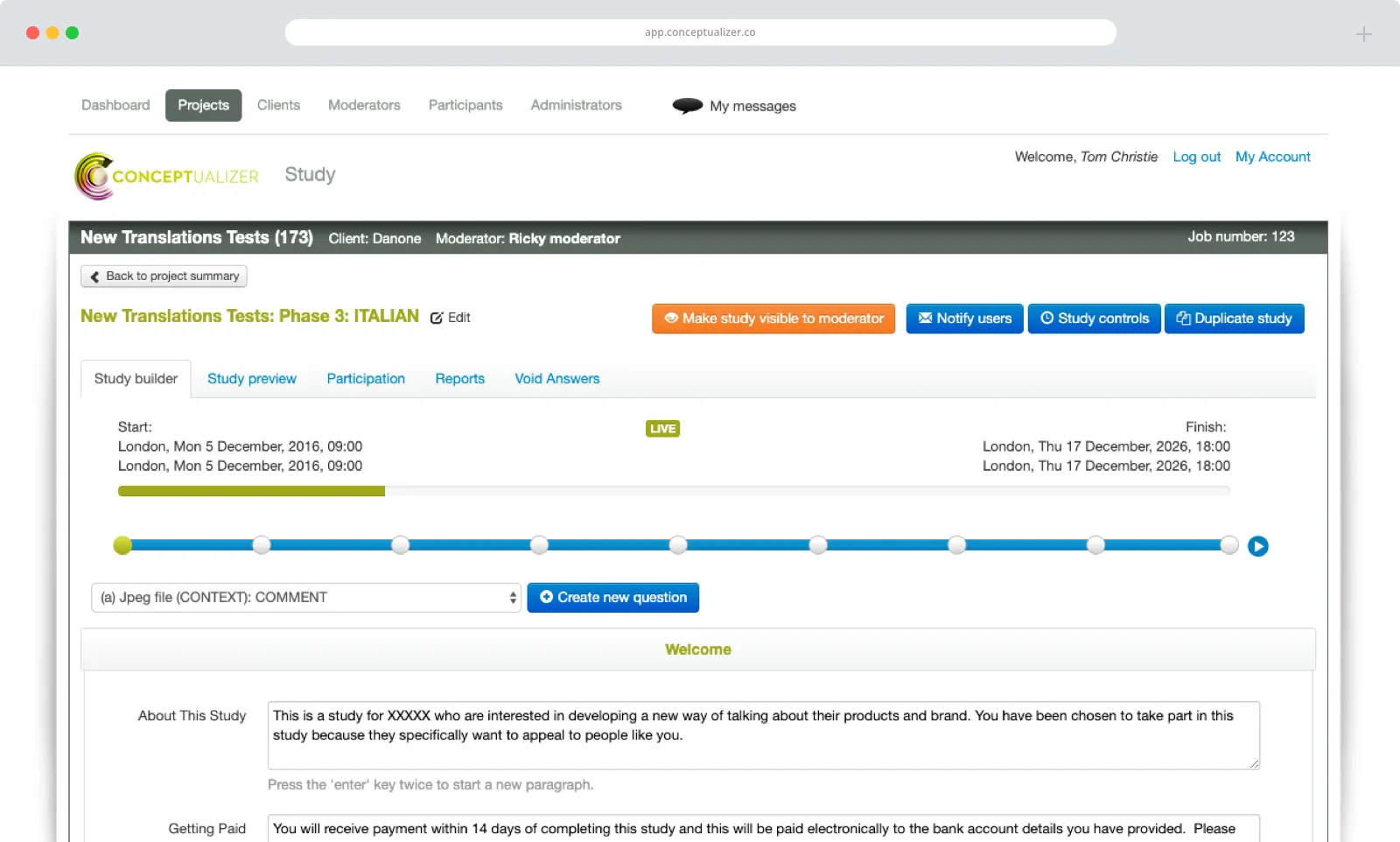 Conceptualizer study builder screen for a translation research project