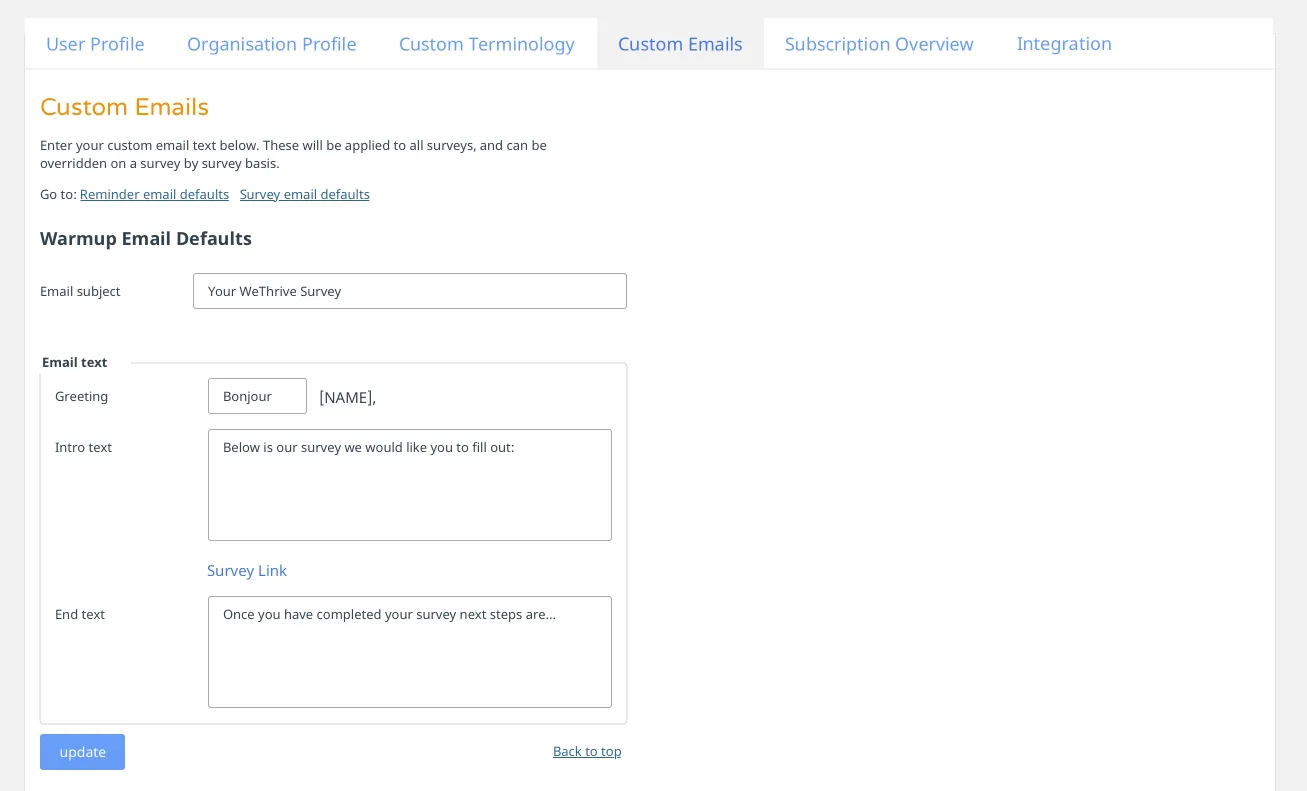WeThrive settings for custom survey emails