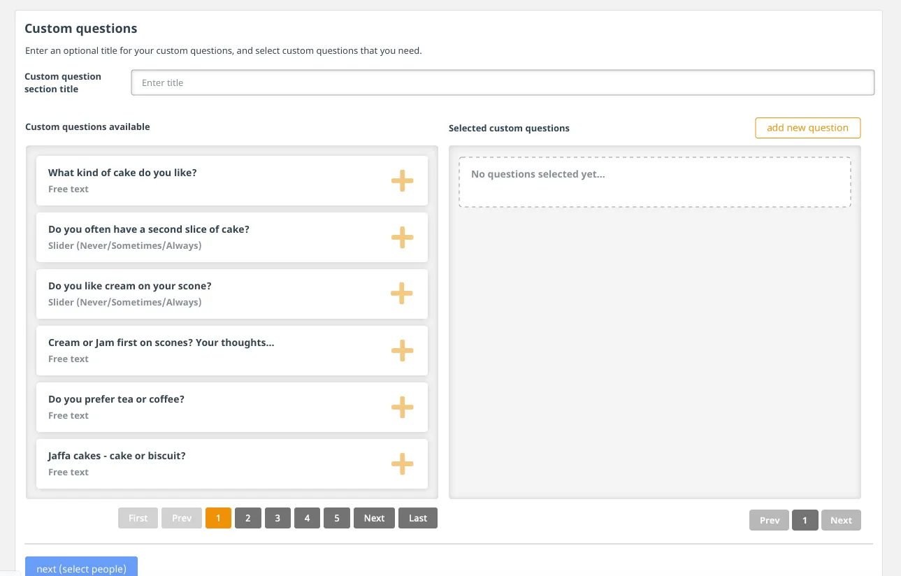 WeThrive interface for selecting custom survey questions