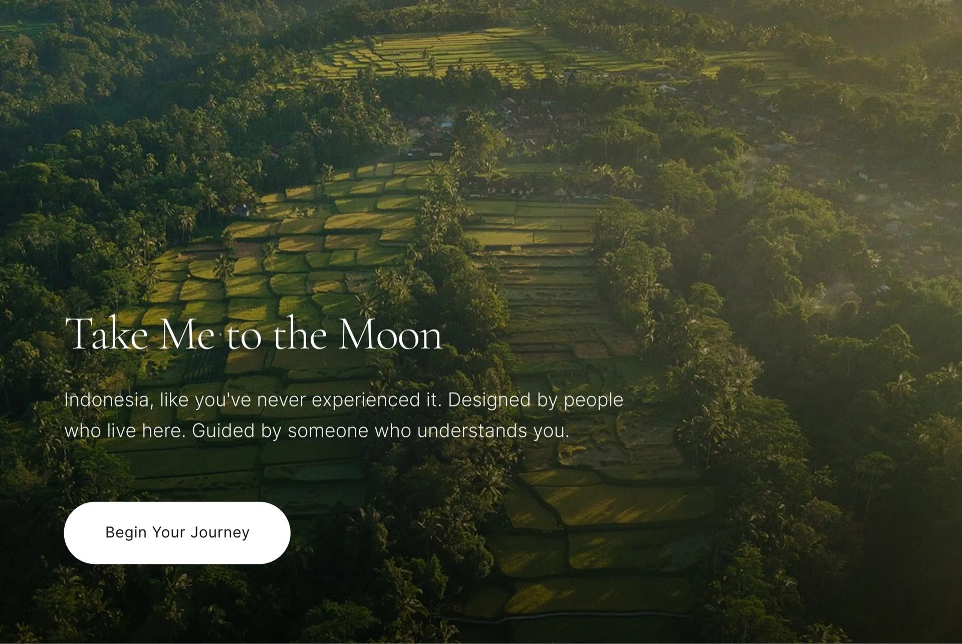 Take Me to the Moon landing page over an aerial view of Indonesian rice terraces