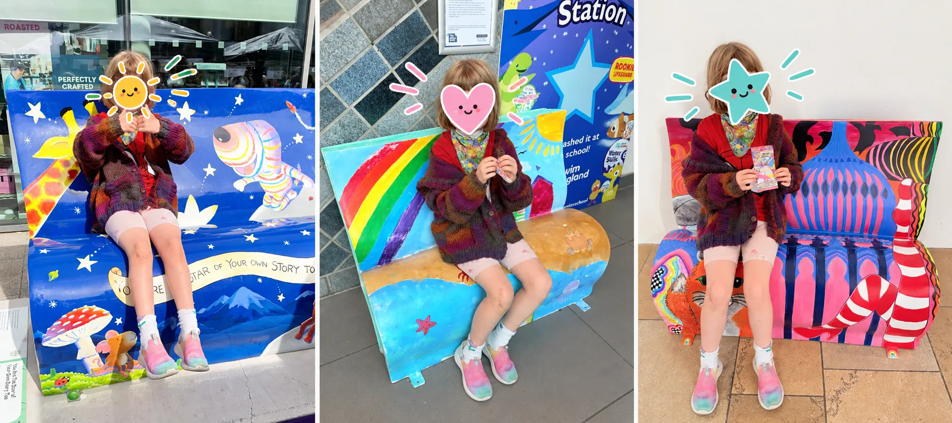 Three photos of a child exploring colourful BookBenches, with sun, heart and star stickers covering her face