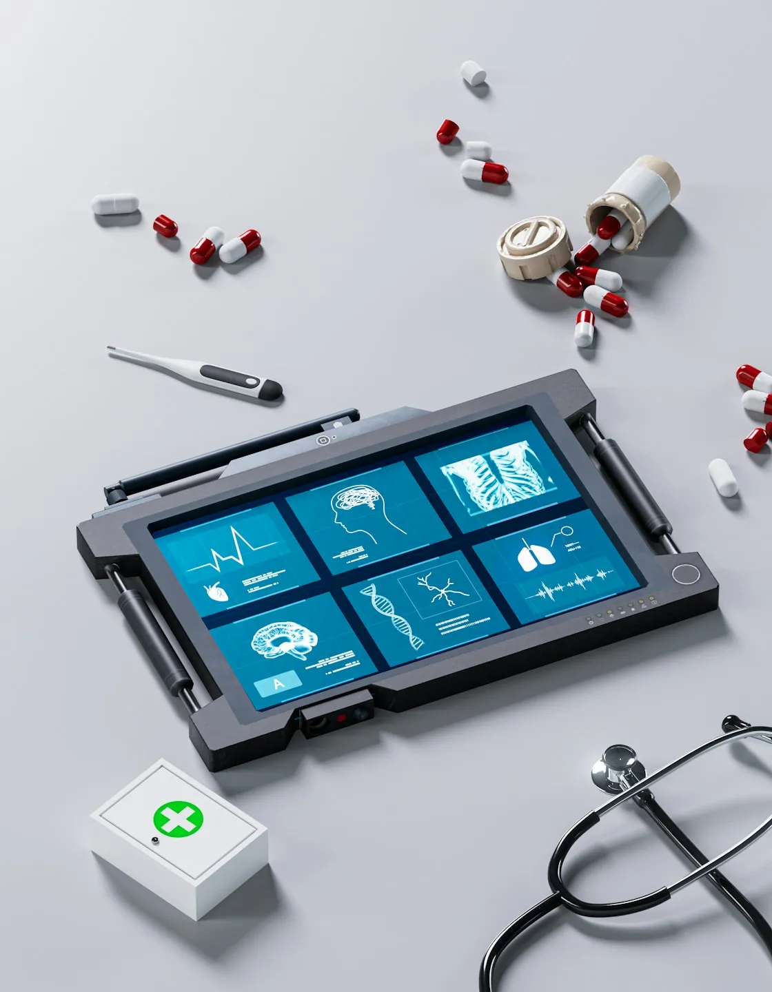 A medical dashboard on a tablet surrounded by healthcare equipment