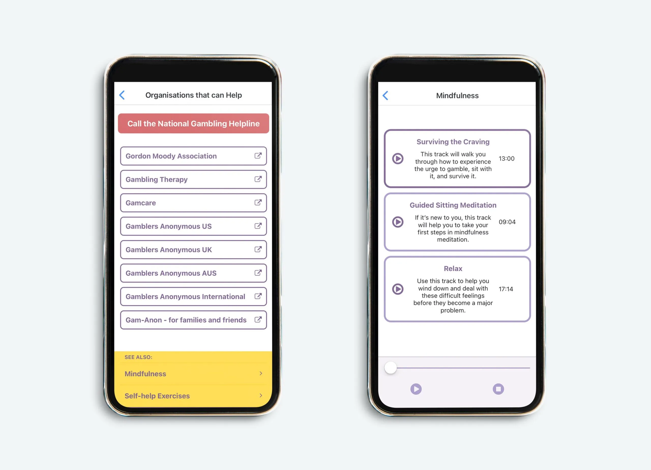 Gambling Therapy app screens for support organisations and mindfulness exercises