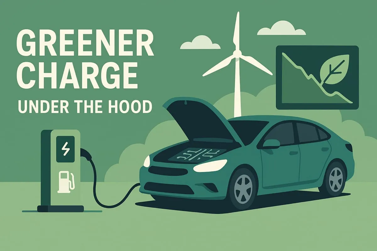 Greener Charge under the hood, with an electric car, charger and wind turbine