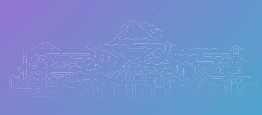 Line illustration of a cloud landscape on a purple-to-blue background
