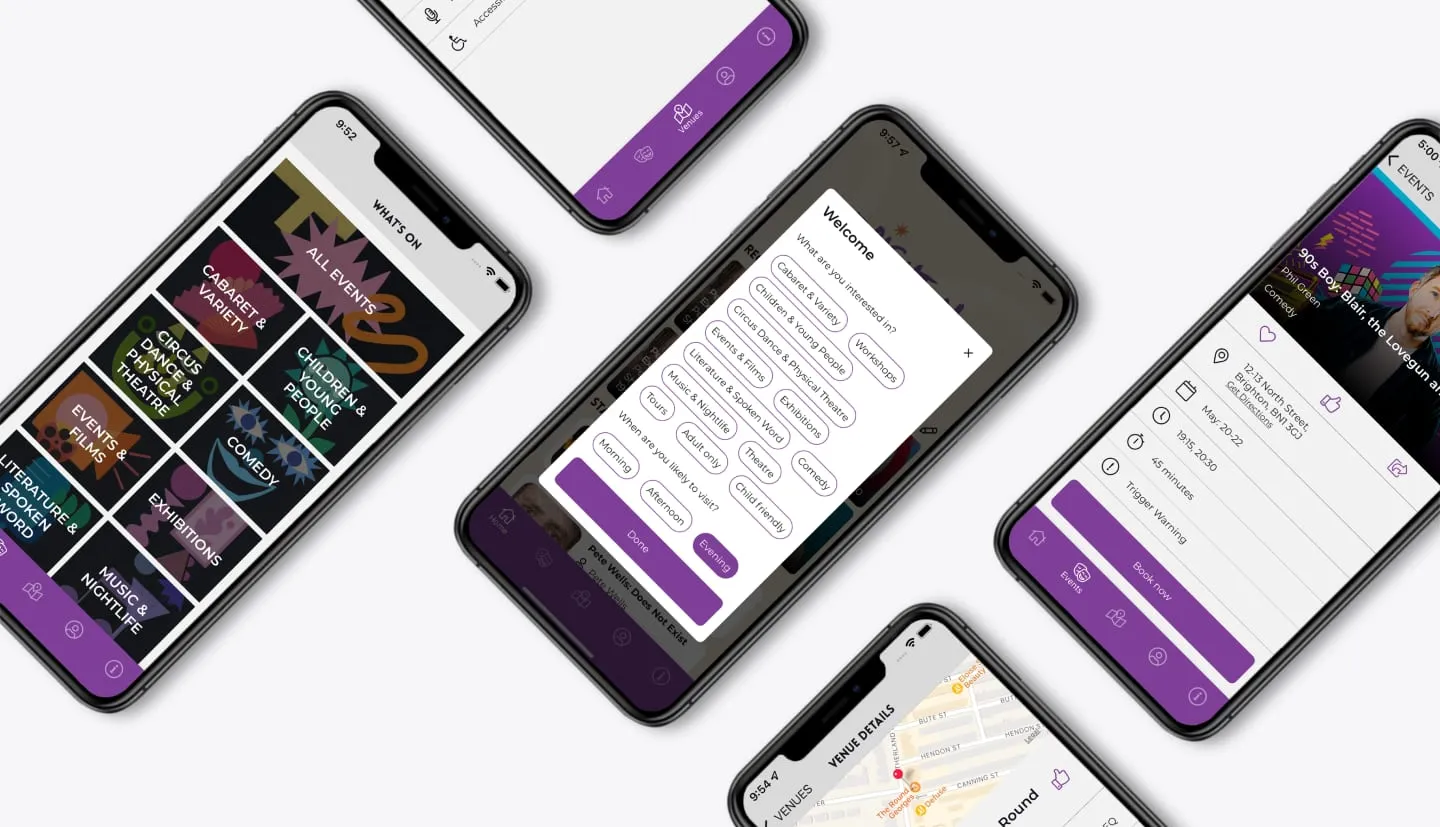 Brighton Fringe app screens for events, preferences, venues and maps