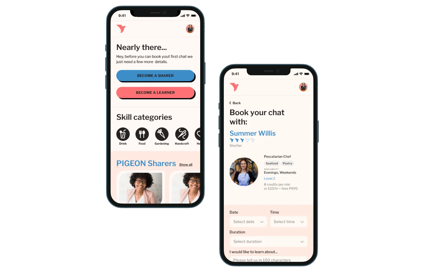 PIGEON skill categories and chat booking screens on two phones