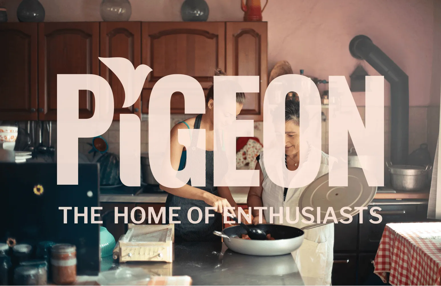 Two people cooking together beneath the PIGEON logo