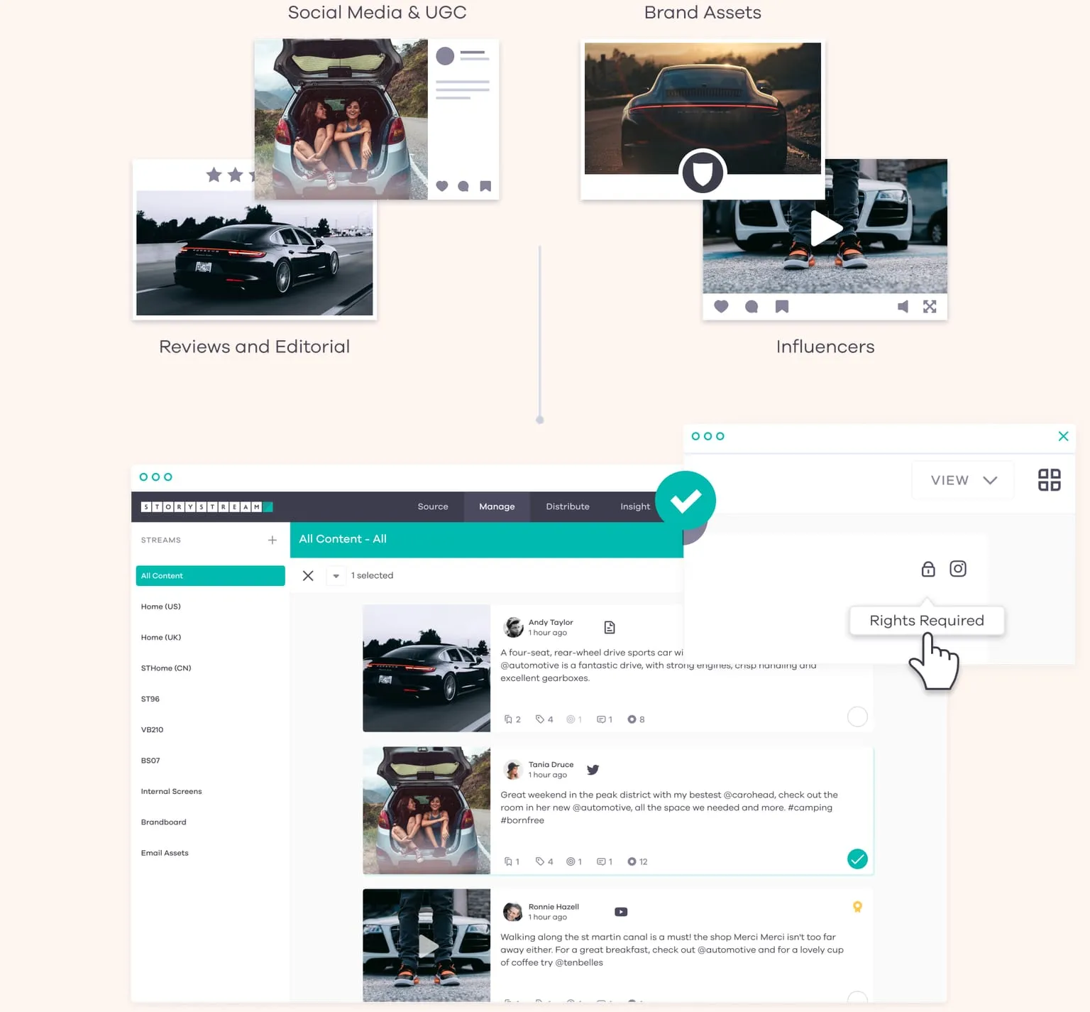 StoryStream content curation interface with automotive social media posts