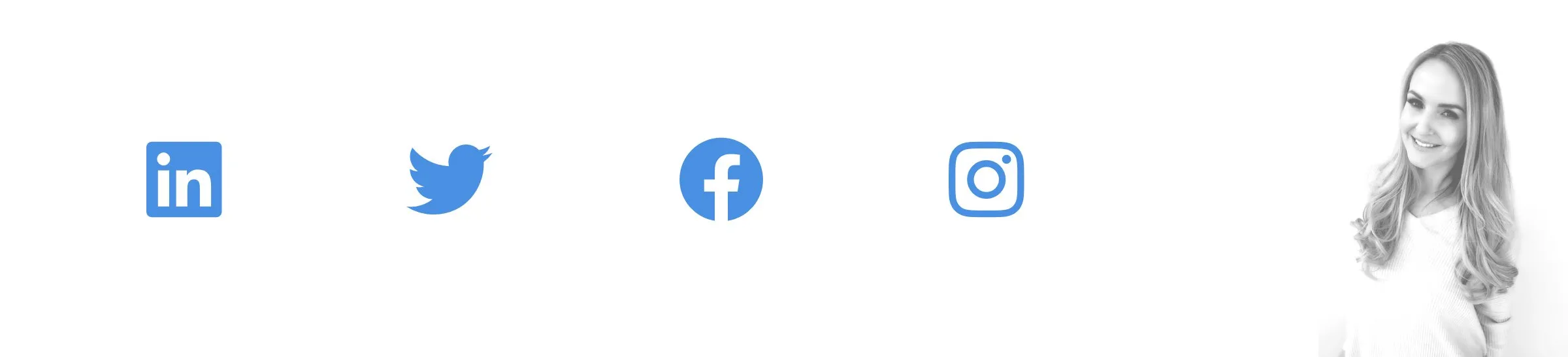 LinkedIn, Twitter, Facebook and Instagram icons beside a portrait