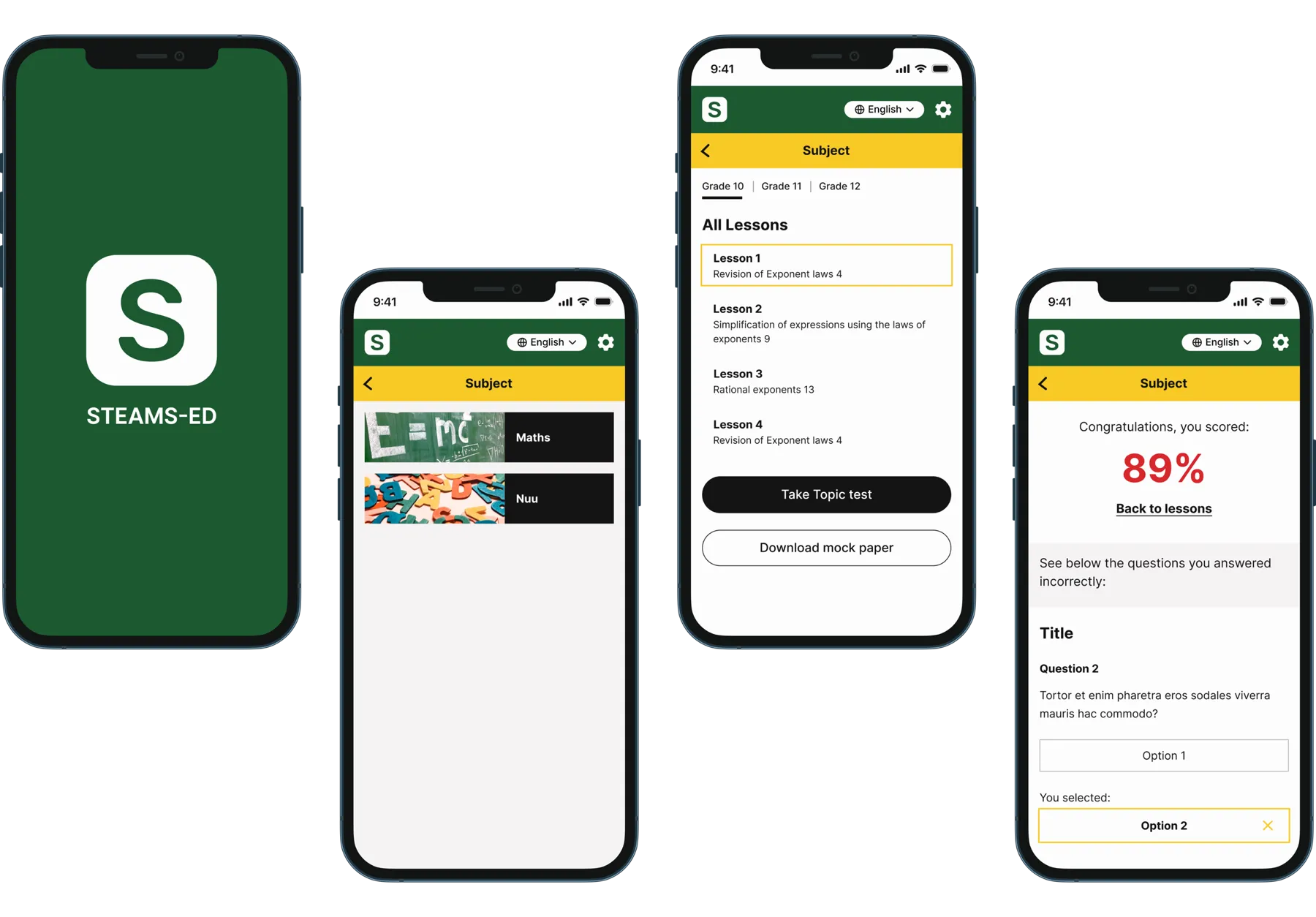 STEAMS-ED mobile app screens for subjects, lessons and test results