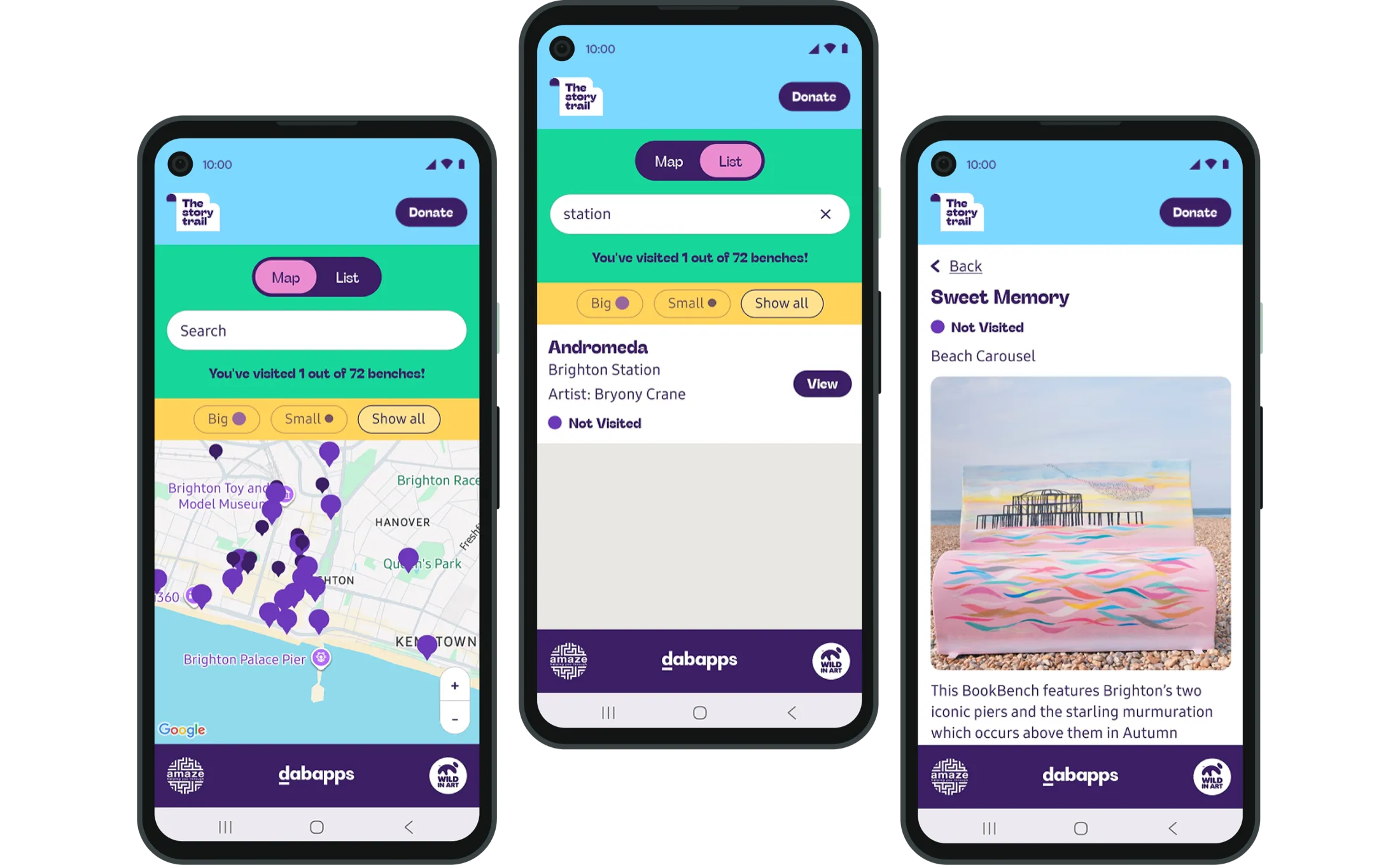 The Story Trail mobile app screens showing map, list and sculpture detail views