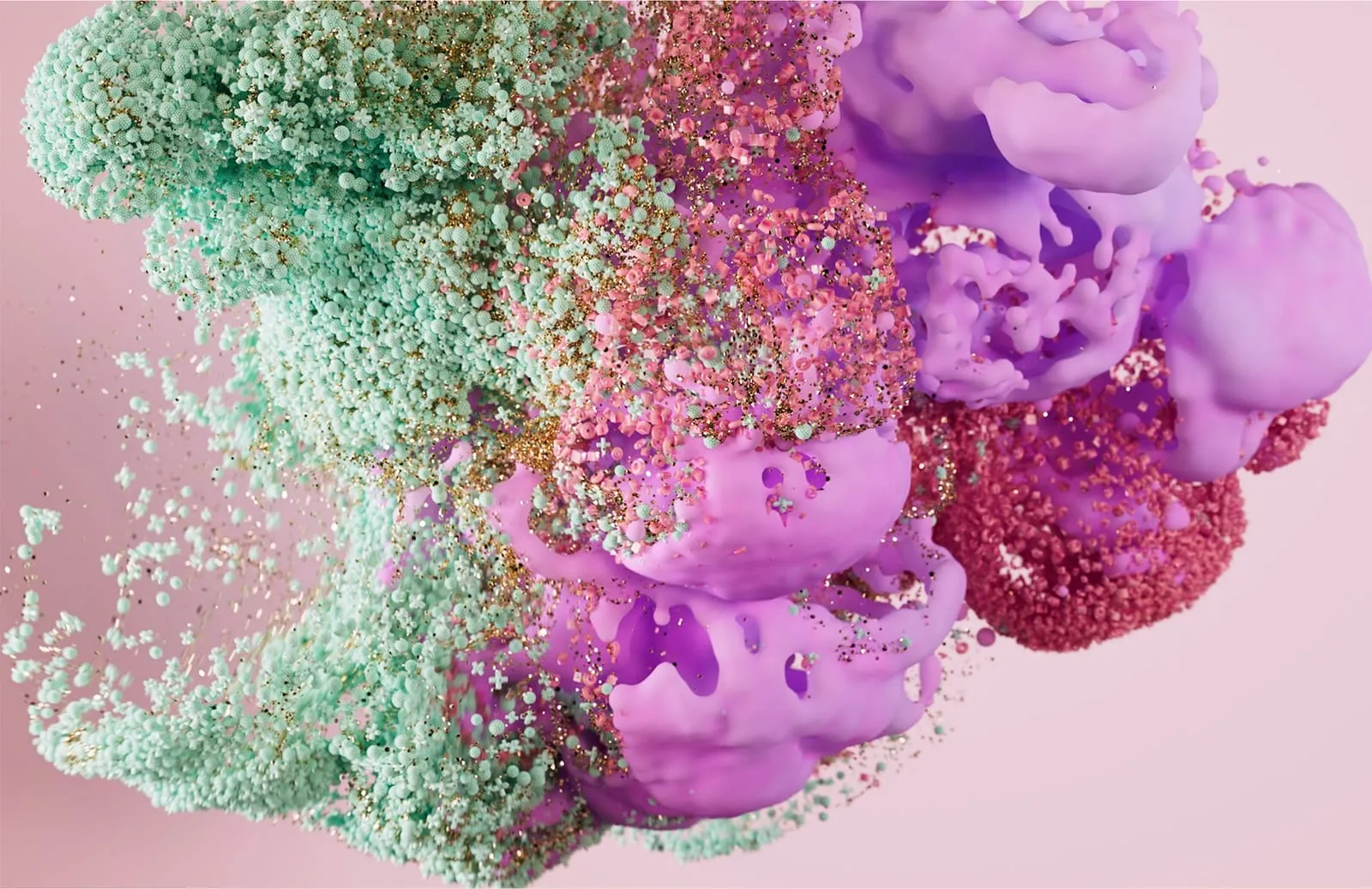 Abstract mint-green and pink forms breaking apart and merging