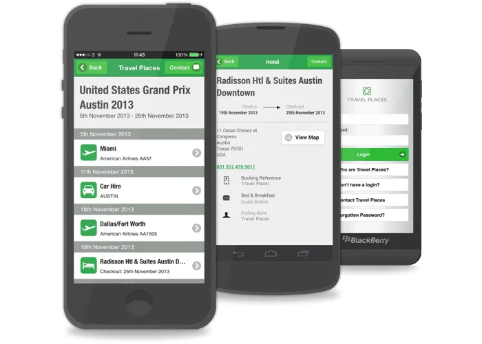 Travel Places app screens on three mobile phones