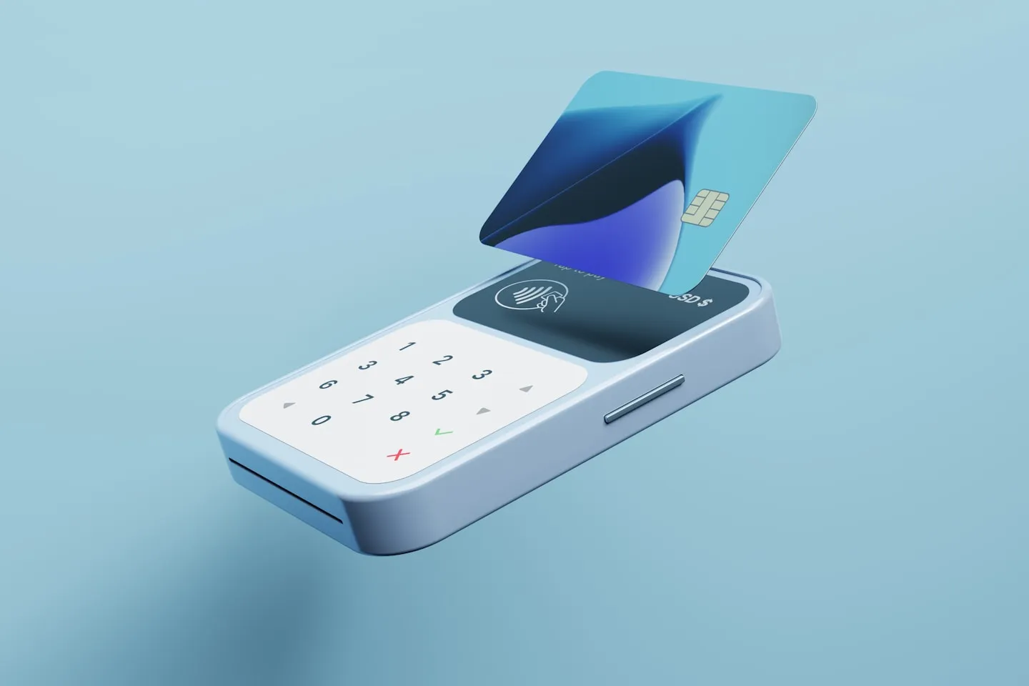 A contactless payment card above a card reader