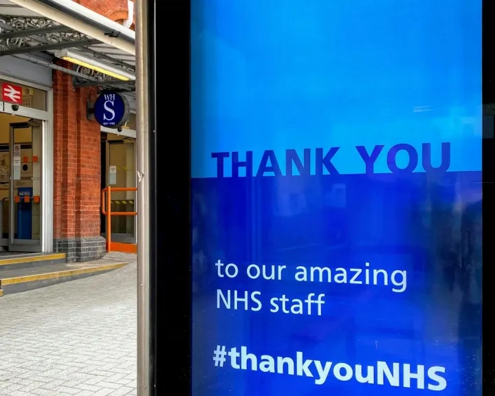 A station sign thanking NHS staff