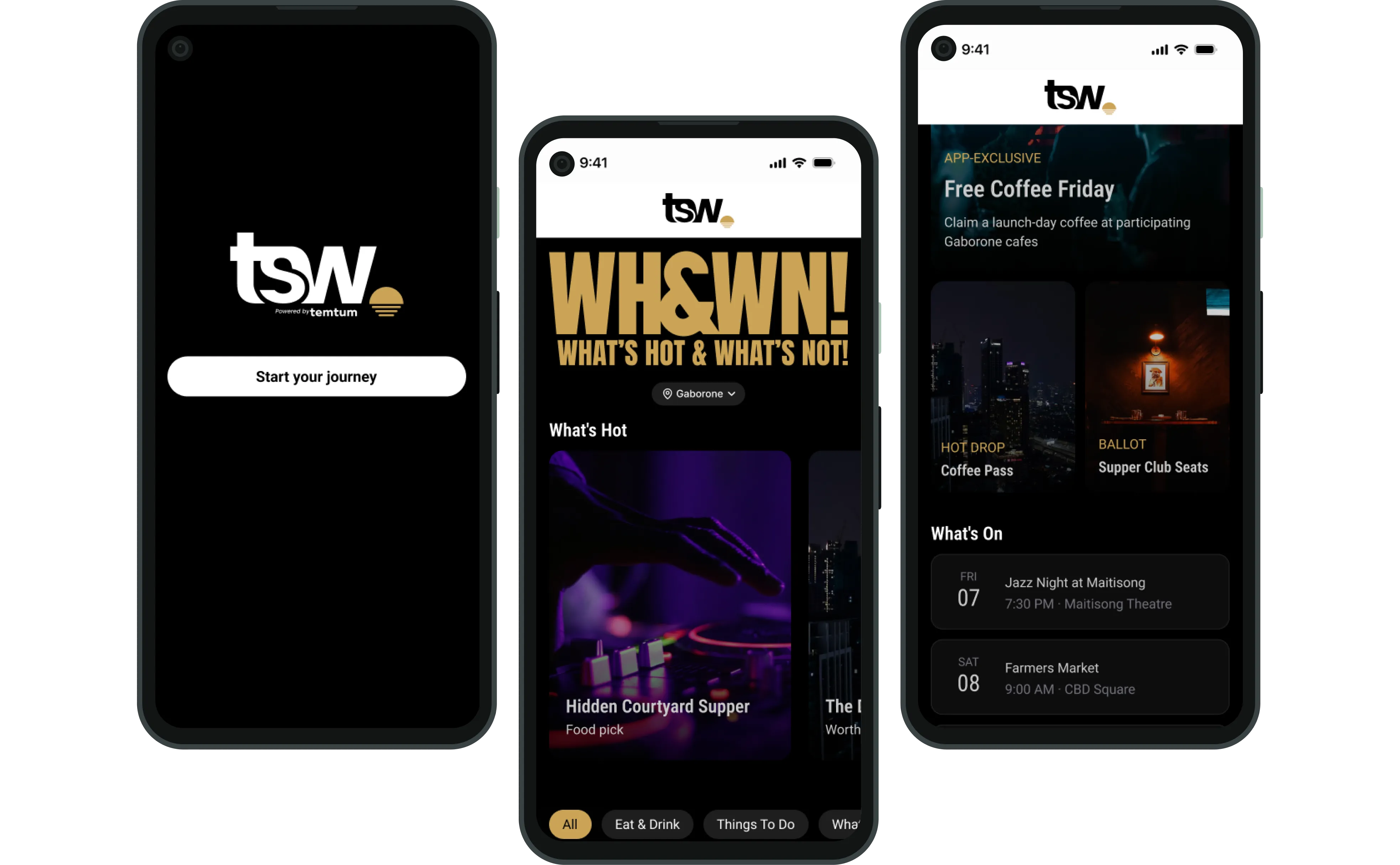 TSW mobile app screens showing the launch screen, recommendations and app-exclusive offers
