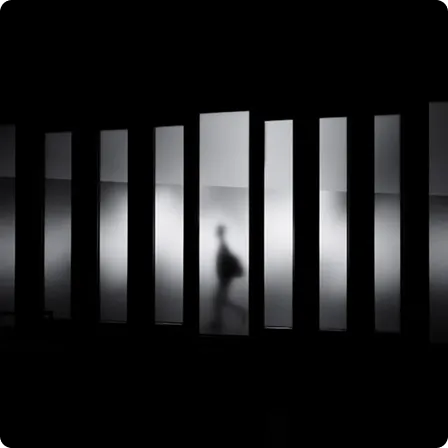 A person standing behind translucent vertical panels